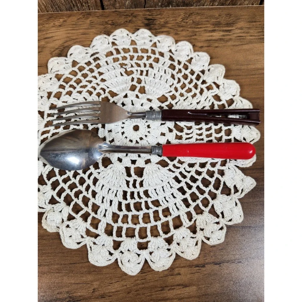 Mid Century Bakelite Red‎ Spoon and Brown Meat Fork Excellent Condition Vintage